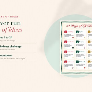 Op de afbeelding: Een 24 Days of Elf Ideas printbare kaart met een raster van dagelijkse activiteiten van 1 tot 12 december. Het document bevat rode en groene tekst, genummerde vakjes met taakomschrijvingen en kleine iconen, omlijst door een gestreept ontwerp.