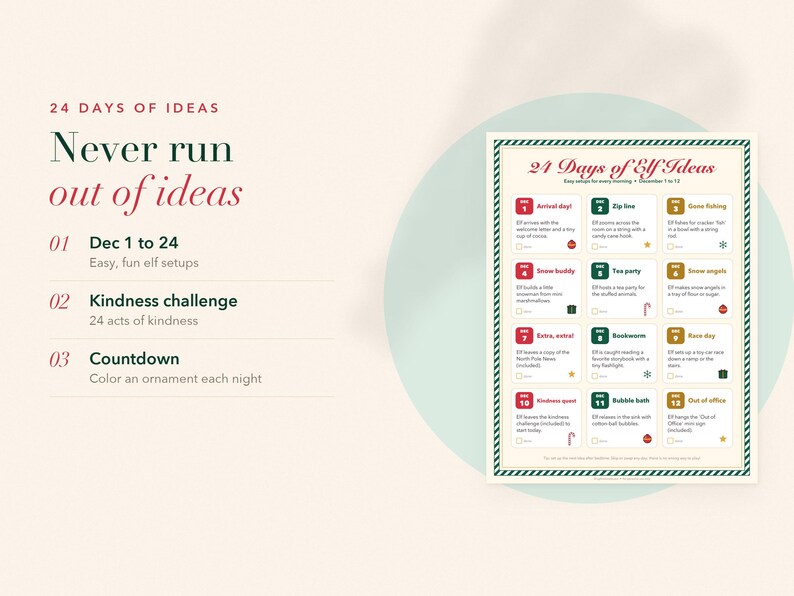 Op de afbeelding: Een 24 Days of Elf Ideas printbare kaart met een raster van dagelijkse activiteiten van 1 tot 12 december. Het document bevat rode en groene tekst, genummerde vakjes met taakomschrijvingen en kleine iconen, omlijst door een gestreept ontwerp.