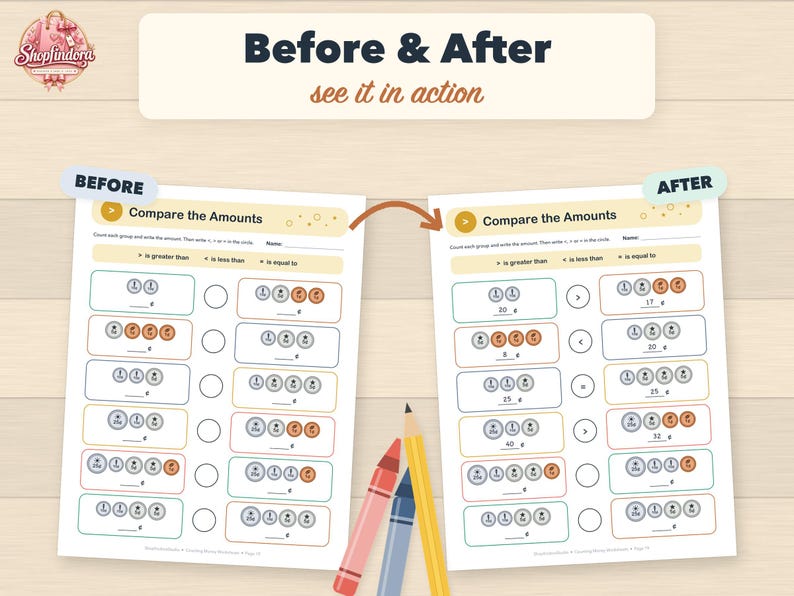 Puede incluir: Una hoja de ejercicios de matem&aacute;ticas titulada Compare the Amounts que muestra dos versiones, antes y despu&eacute;s de completarse. La hoja presenta filas de ilustraciones de monedas con l&iacute;neas en blanco para totales y c&iacute;rculos.