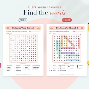 Puede incluir: Dos hojas de actividades de b&uacute;squeda de palabras navide&ntilde;as imprimibles en papel blanco. La hoja izquierda se titula Christmas Word Search 3 y no est&aacute; resuelta. La hoja derecha se titula Christmas Word Search 2 y tiene palabras resaltadas en una cuadr&iacute;cula.