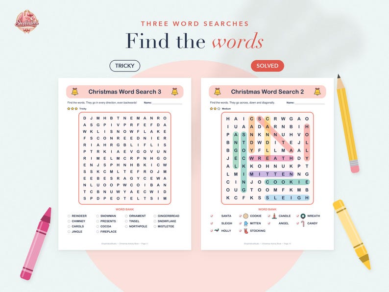 Puede incluir: Dos hojas de actividades de b&uacute;squeda de palabras navide&ntilde;as imprimibles en papel blanco. La hoja izquierda se titula Christmas Word Search 3 y no est&aacute; resuelta. La hoja derecha se titula Christmas Word Search 2 y tiene palabras resaltadas en una cuadr&iacute;cula.