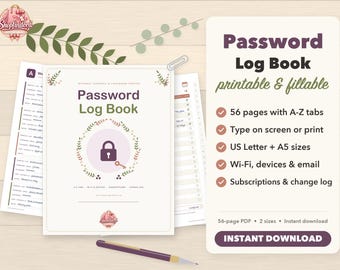 May include: A printable Password Log Book with a purple padlock icon and floral wreath on the cover. The document includes 56 pages with A-Z tabs, US Letter and A5 sizes, and sections for Wi-Fi, devices, email, subscriptions, and a change log.