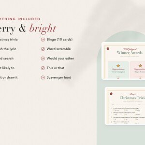 Op de afbeelding: Een digitale kerstspelbundel getiteld Merry & bright, met een lijst van activiteiten zoals trivia, bingo, woordzoekers en een speurtocht. Twee voorbeeld-spelbladen tonen een winnaarskaart en een trivia-pagina.
