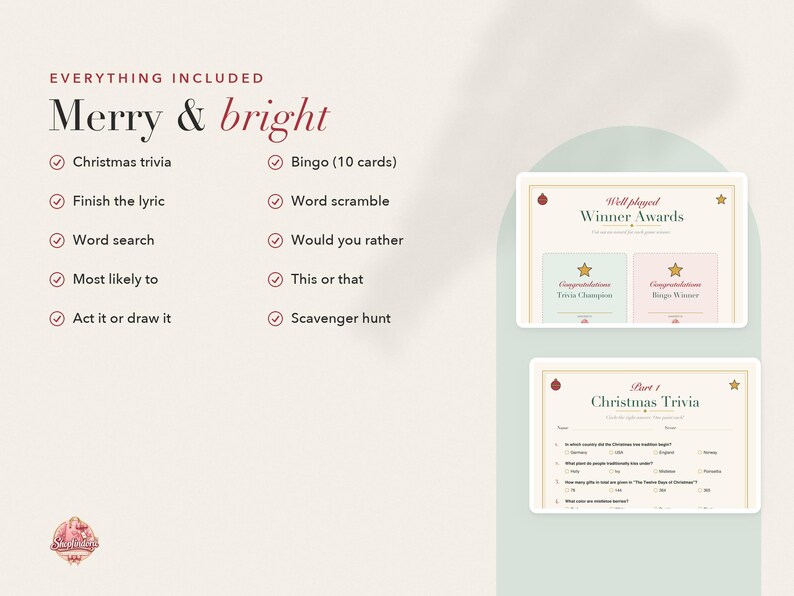 Op de afbeelding: Een digitale kerstspelbundel getiteld Merry & bright, met een lijst van activiteiten zoals trivia, bingo, woordzoekers en een speurtocht. Twee voorbeeld-spelbladen tonen een winnaarskaart en een trivia-pagina.