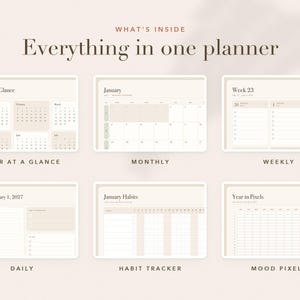 Może przedstawiać: Układ cyfrowego planera z sześcioma sekcjami: 2027 at a Glance, Monthly, Weekly, Daily, Habit Tracker oraz Year in Pixels. Tekst brzmi: WHAT'S INSIDE Everything in one planner. Projekt wykorzystuje neutralną beżową paletę kolor&oacute;w.