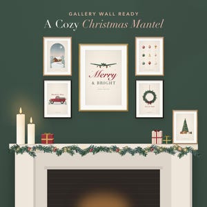 May include: A gallery wall display featuring six framed Christmas-themed prints above a fireplace mantel. The prints include a cabin, a red truck, ornaments, a wreath, a tree, and a central Merry & Bright sign. A green garland with lights sits on the mantel.