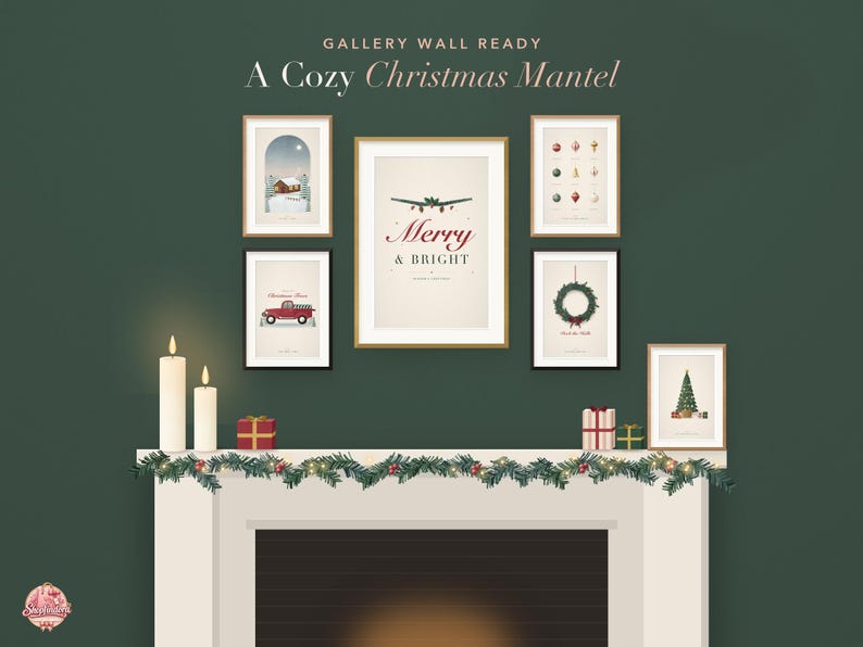 May include: A gallery wall display featuring six framed Christmas-themed prints above a fireplace mantel. The prints include a cabin, a red truck, ornaments, a wreath, a tree, and a central Merry & Bright sign. A green garland with lights sits on the mantel.