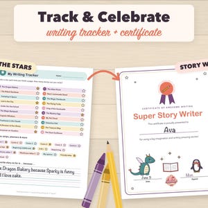 Puede incluir: Un conjunto de rastreador de escritura y certificado que incluye una p&aacute;gina My Writing Tracker con sugerencias numeradas e iconos de estrellas, junto a un certificado Super Story Writer con una ilustraci&oacute;n de drag&oacute;n y ping&uuml;ino, acompa&ntilde;ado de tres crayones.