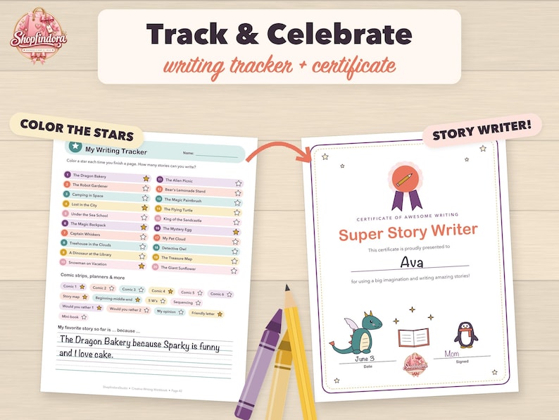 Puede incluir: Un conjunto de rastreador de escritura y certificado que incluye una p&aacute;gina My Writing Tracker con sugerencias numeradas e iconos de estrellas, junto a un certificado Super Story Writer con una ilustraci&oacute;n de drag&oacute;n y ping&uuml;ino, acompa&ntilde;ado de tres crayones.