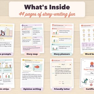 Puede incluir: Una colecci&oacute;n de hojas de trabajo educativas titulada What's Inside 44 pages of story-writing fun. El conjunto incluye sugerencias visuales, mapas de historias, planificadores, bancos de palabras, c&oacute;mics, cartas y un certificado.