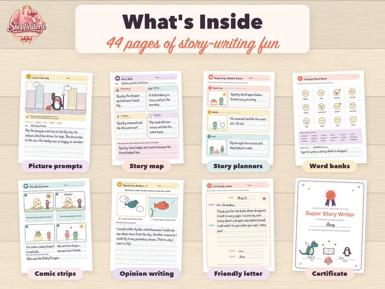 Puede incluir: Una colecci&oacute;n de hojas de trabajo educativas titulada What's Inside 44 pages of story-writing fun. El conjunto incluye sugerencias visuales, mapas de historias, planificadores, bancos de palabras, c&oacute;mics, cartas y un certificado.