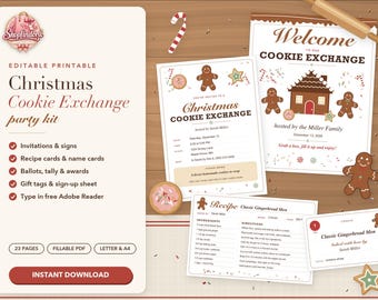 Kit para Festa de Troca de Biscoitos de Natal, Convite Editável para Troca de Biscoitos, Cartões de Receitas, Etiquetas para Biscoitos, Cédulas de Votação e Prêmios, Imprimível