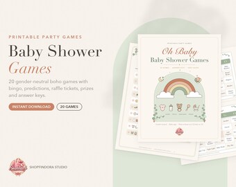 May include: A set of printable baby shower games featuring a rainbow and baby icons on the cover page. The text reads Oh Baby Baby Shower Games, 20 Games, Answer Keys, Host Guide, and includes various game sheets with bingo grids and lists of items.