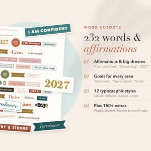 May include: A collection of 232 word cutouts and affirmations featuring diverse typographic styles, including labels, ribbons, stamps, and script. The set includes phrases like I AM CONFIDENT, 2027, Dream big, Abundance, Grow, and Healthy & Strong.