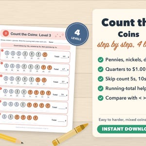 Puede incluir: Una hoja de trabajo educativa imprimible titulada Count the Coins: Level 3 con filas de monedas ilustradas de diez, cinco y un centavo con espacios para totales, junto a un cuadro que resume 4 niveles de conteo.