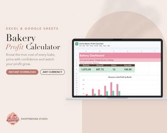 May include: A digital Bakery Profit Calculator spreadsheet for Excel and Google Sheets displayed on a laptop screen. The dashboard shows a pink and green table with revenue, net profit, order counts, and a bar chart titled Revenue vs Net Profit by Month.