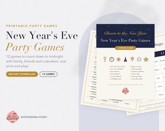 May include: A set of printable New Year's Eve party games featuring a dark blue header with gold text reading Cheers to the New Year and New Year's Eve Party Games. The pages include a list of twelve activities, icons, and a bingo card grid.