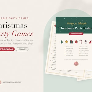 Op de afbeelding: Een set printbare kerstfeestspellen met een donkergroene koptekst met de tekst Merry & Bright Christmas Party Games. Het document bevat 12 spellen, waaronder trivia, woordzoekers en bingo, vergezeld van kleine kerstpictogrammen.