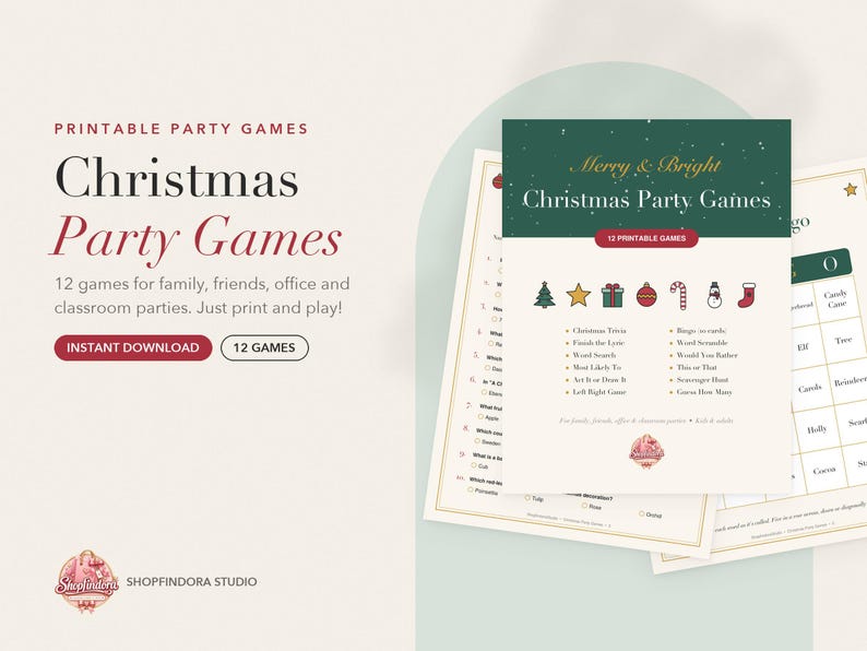 Op de afbeelding: Een set printbare kerstfeestspellen met een donkergroene koptekst met de tekst Merry & Bright Christmas Party Games. Het document bevat 12 spellen, waaronder trivia, woordzoekers en bingo, vergezeld van kleine kerstpictogrammen.