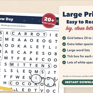 Puede incluir: Un juego de sopa de letras titulado Snow Day con una cuadr&iacute;cula de letras negras grandes sobre un fondo blanco. Un l&aacute;piz amarillo descansa en la parte inferior. Un panel lateral muestra el texto Large Print Easy to Read, big, clear letters.
