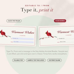 May include: Two rectangular Christmas gift tags featuring a red cardinal bird perched on a branch. The text reads Warmest Wishes at Christmas with editable To and From fields. The design includes a thin red border on a white background.