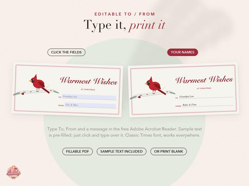 May include: Two rectangular Christmas gift tags featuring a red cardinal bird perched on a branch. The text reads Warmest Wishes at Christmas with editable To and From fields. The design includes a thin red border on a white background.