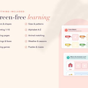 Op de afbeelding: Educatieve werkbladen voor schermvrij leren. De tekst luidt Everything Included Screen-free learning, met onderwerpen als Colors & shapes, Counting 1-10 en Alphabet A-Z. Twee voorbeeldpagina's tonen Color Match en Where Do Animals Live.