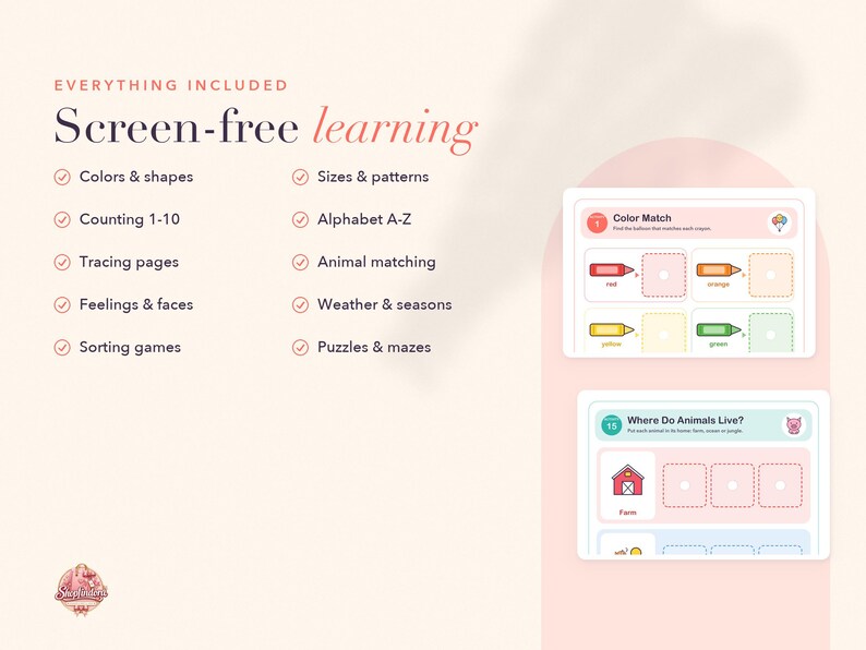 Op de afbeelding: Educatieve werkbladen voor schermvrij leren. De tekst luidt Everything Included Screen-free learning, met onderwerpen als Colors & shapes, Counting 1-10 en Alphabet A-Z. Twee voorbeeldpagina's tonen Color Match en Where Do Animals Live.