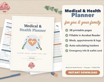 Medical Planner Printable, Fillable Health Record Binder, Medication Tracker, Family Health Organizer, Caregiver Log & Wallet Card PDF
