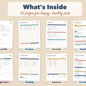 May include: A 32-page pet planner set featuring printed forms for pet profiles, vaccination records, vet visit logs, feeding schedules, weight trackers, training progress, expense trackers, and pet sitter instructions with colorful headers.