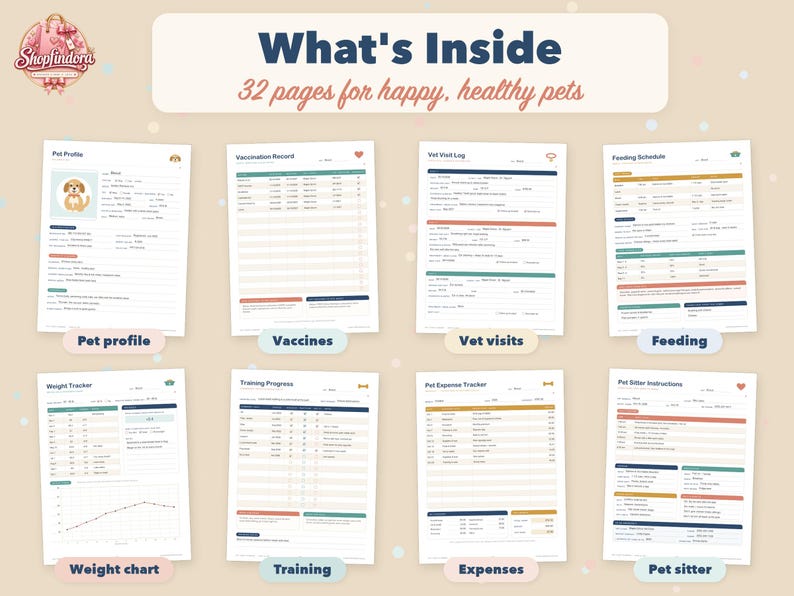 May include: A 32-page pet planner set featuring printed forms for pet profiles, vaccination records, vet visit logs, feeding schedules, weight trackers, training progress, expense trackers, and pet sitter instructions with colorful headers.