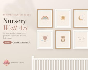 Conjunto de Arte de Parede Boho para Quarto de Bebê, Impressões Unissex, Sol e Lua Arco-Íris (Download Digital)