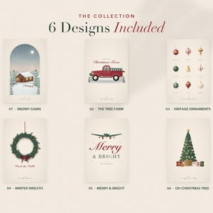 May include: A collection of six rectangular Christmas-themed art prints featuring illustrations of a snowy cabin, a red truck, vintage ornaments, a green wreath, the text Merry & Bright, and a decorated Christmas tree with gift boxes.