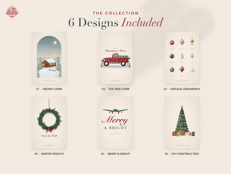 May include: A collection of six rectangular Christmas-themed art prints featuring illustrations of a snowy cabin, a red truck, vintage ornaments, a green wreath, the text Merry & Bright, and a decorated Christmas tree with gift boxes.