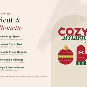 Op de afbeelding: Een digitale afbeelding met de tekst "COZY season" in rood en groen, vergezeld door een rode kerstbal en een rode want met een witte sneeuwvlok. De afbeelding toont de compatibiliteit met Cricut- en Silhouette-software, inclusief SVG-, DXF-, PDF- en EPS-bestandsformaten voor diverse snijmachines.