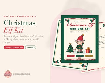 Kit de Elfo de Natal Editável, Cartas de Chegada e Despedida, 48 Bilhetes, Calendário de 24 Dias (PDF)