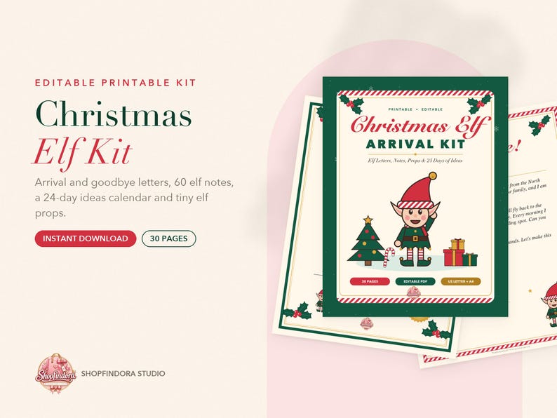 Op de afbeelding: Een bewerkbare, printbare kerstelf-aankomstset met 30 pagina's aan brieven, notities, rekwisieten en een idee&euml;nkalender voor 24 dagen. De omslag toont een cartoonelf, een kerstboom en cadeaus met de tekst Christmas Elf Arrival Kit.