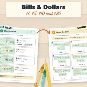 Puede incluir: Dos hojas de trabajo educativas tituladas Bills & Dollars y Count the Bills con ilustraciones de dinero de juguete en denominaciones de $1, $5, $10 y $20. Las p&aacute;ginas incluyen ejercicios matem&aacute;ticos para contar moneda, junto a tres l&aacute;pices de colores.