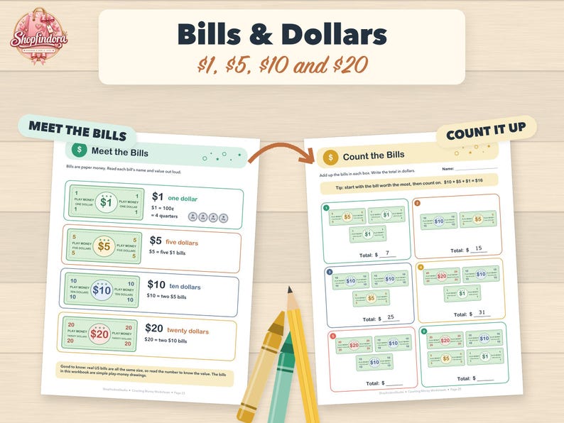 Puede incluir: Dos hojas de trabajo educativas tituladas Bills & Dollars y Count the Bills con ilustraciones de dinero de juguete en denominaciones de $1, $5, $10 y $20. Las p&aacute;ginas incluyen ejercicios matem&aacute;ticos para contar moneda, junto a tres l&aacute;pices de colores.