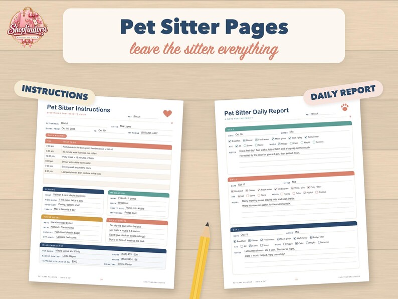 May include: Two printed pages titled Pet Sitter Instructions and Pet Sitter Daily Report with sections for pet care routines, feeding, medical needs, and emergency contacts. A yellow pencil is placed between the two white paper sheets.