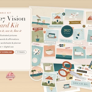 May include: A 2027 Vision Board Kit featuring 234 illustrated pictures, 232 words and affirmations, goal worksheets, and a planner. The kit includes 77 pages for digital use or printing, displayed with scissors, a glue stick, and various cutouts.