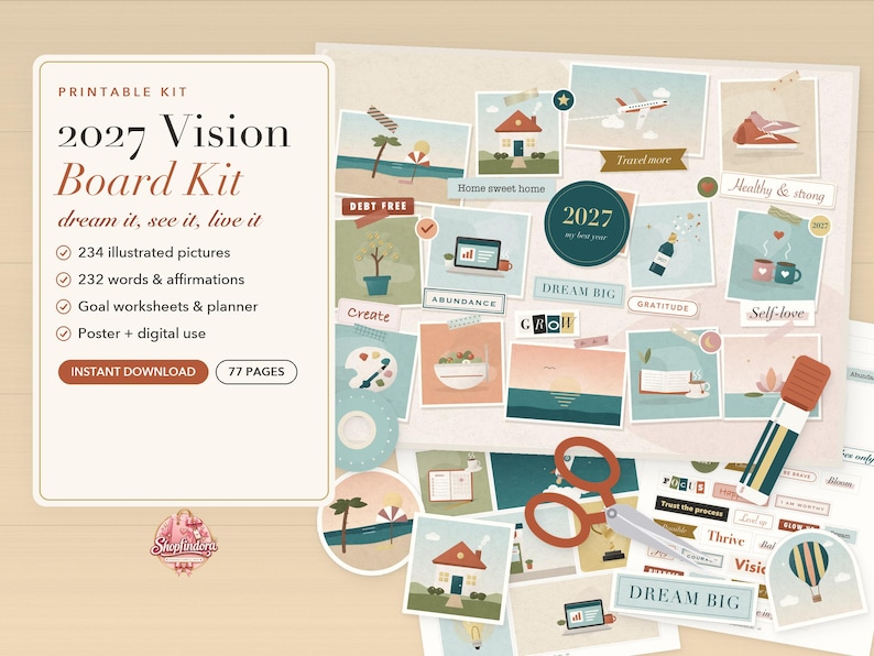 May include: A 2027 Vision Board Kit featuring 234 illustrated pictures, 232 words and affirmations, goal worksheets, and a planner. The kit includes 77 pages for digital use or printing, displayed with scissors, a glue stick, and various cutouts.