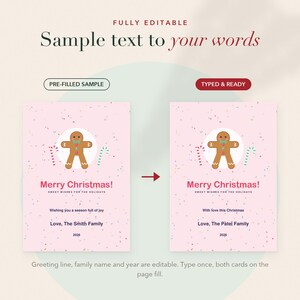 May include: Two editable Christmas greeting cards on a light background, featuring a gingerbread man graphic, candy canes, and confetti. The text includes Merry Christmas, Sweet wishes for the holidays, and placeholders for family names and the year.