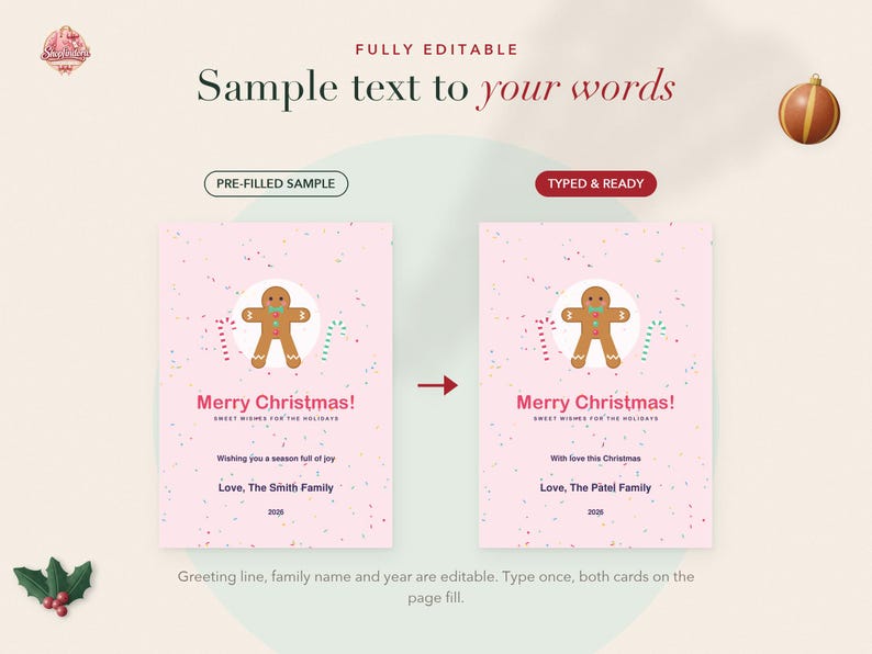 May include: Two editable Christmas greeting cards on a light background, featuring a gingerbread man graphic, candy canes, and confetti. The text includes Merry Christmas, Sweet wishes for the holidays, and placeholders for family names and the year.