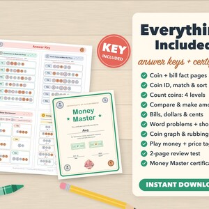 Puede incluir: Conjunto de actividades educativas sobre dinero que incluye una hoja de respuestas y un certificado de Money Master. El texto enumera los elementos incluidos como p&aacute;ginas de datos sobre monedas, niveles de conteo, problemas y un examen. Se ven dos l&aacute;pices de colores.