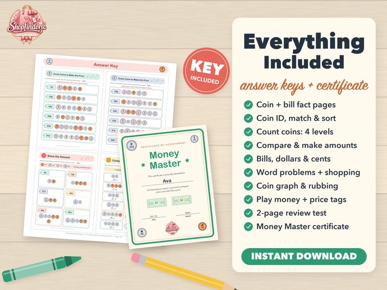 Puede incluir: Conjunto de actividades educativas sobre dinero que incluye una hoja de respuestas y un certificado de Money Master. El texto enumera los elementos incluidos como p&aacute;ginas de datos sobre monedas, niveles de conteo, problemas y un examen. Se ven dos l&aacute;pices de colores.
