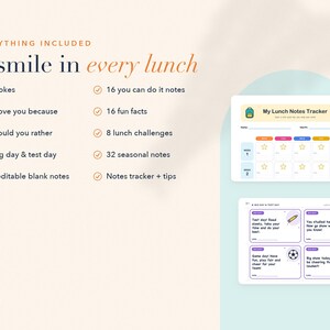 May include: A set of lunch notes featuring the text A smile in every lunch and a list of contents including 24 jokes, 8 I love you because, 8 would you rather, 8 big day and test day, 16 editable blank notes, 16 you can do it notes, 16 fun facts, 8 lunch challenges, 32 seasonal notes, and a notes tracker plus tips. Two rectangular cards are shown, one titled My Lunch Notes Tracker and one with Big Day and Test Day notes.