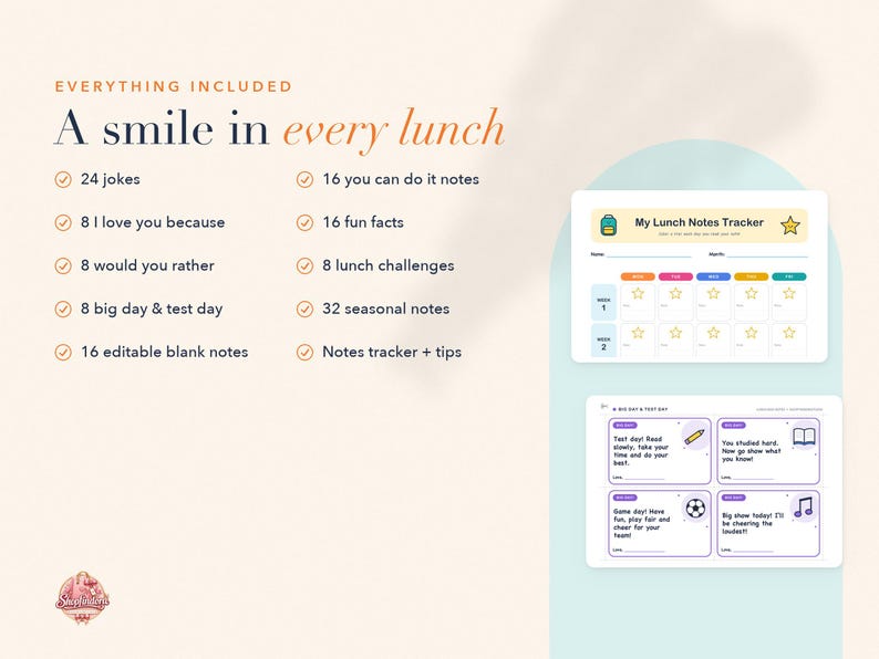 May include: A set of lunch notes featuring the text A smile in every lunch and a list of contents including 24 jokes, 8 I love you because, 8 would you rather, 8 big day and test day, 16 editable blank notes, 16 you can do it notes, 16 fun facts, 8 lunch challenges, 32 seasonal notes, and a notes tracker plus tips. Two rectangular cards are shown, one titled My Lunch Notes Tracker and one with Big Day and Test Day notes.