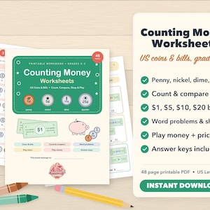 Puede incluir: Un libro de ejercicios imprimible de 48 p&aacute;ginas titulado Counting Money Worksheets para los grados K-2. La portada presenta ilustraciones de monedas, billetes estadounidenses y una alcanc&iacute;a. El texto incluye Penny, nickel, dime, quarter, Count & compare coins, $1, $5, $10, $20 bills, Word problems & shopping, Play money + price tags y Answer keys included.
