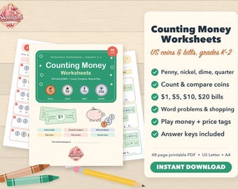 Folhas de exercícios para contar dinheiro, moedas e notas americanas, matemática financeira para o 1º e 2º ano, identificação de moedas, dinheiro de brinquedo para imprimir, PDF para ensino domiciliar